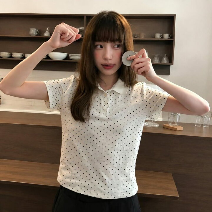 ポロシャツ レディース 半袖 ドット柄 襟付き カットソー tシャツ 