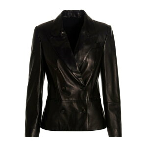 Brunello Cucinelli �u���l���E�N�`�l�� ���f�B�[�X ���U�[&�t�@�[�W���P�b�g�E�R�[�g MPNPI2374C101 Double-breasted leather blazer jacket Black 42 �y���������E�֐ō��z