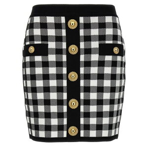 Balmain �o���}�� ���f�B�[�X �X�J�[�g CF1LB292KF51EAB Logo button vichy skirt White/Black FR34 FR36 FR38 36 38 �y���������E�֐ō��z