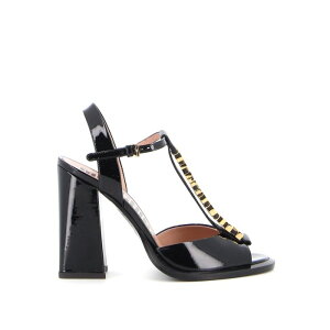 MOSCHINO ���X�L�[�m ���f�B�[�X �T���_�� MA1610AC1EMB0000 Gold-tone logo patent sandals Black 36 �y���������E�֐ō��z