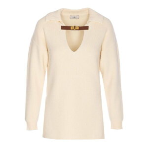 Elisabetta Franchi �G���U�x�b�^ �t�����L ���f�B�[�X �j�b�g�E�Z�[�^�[�E�J�[�f�B�K�� MK06S56E2DZ9 White Knitted Sweater White 44 38 42 40 �y���������E�֐ō��z