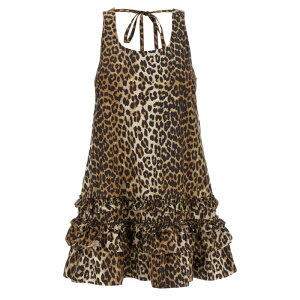 GANNI �K�j�[ ���f�B�[�X �����s�[�X�E�h���X�E�I�[���C������ W0906943 'Leopard Cotton Poplin Mini' dress Brown EU34 EU36 EU38 34 36 38 32 40 42 44 46 48 50 52 54 �y���������E�֐ō��z