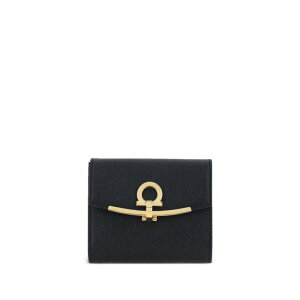 FERRAGAMO �t�F���K�� ���f�B�[�X ���z�E�J�[�h�P�[�X 22C8770673998NERO HAMMERED LEATHER GOLD GANCINI COMPACT WALLET NERO onesize �y���������E�֐ō��z