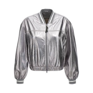 Brunello Cucinelli ulEN`l fB[X U[&t@[WPbgER[g MPGAM2917C8755 Laminated leather bomber jacket Silver IT38 IT40 IT42 42 yE֐ōz