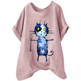 トップス レディース Tシャツ カットソー 可愛い 猫柄 半袖 無地 綿麻 ゆったり シャツ チュニックトップス クルーネッ
