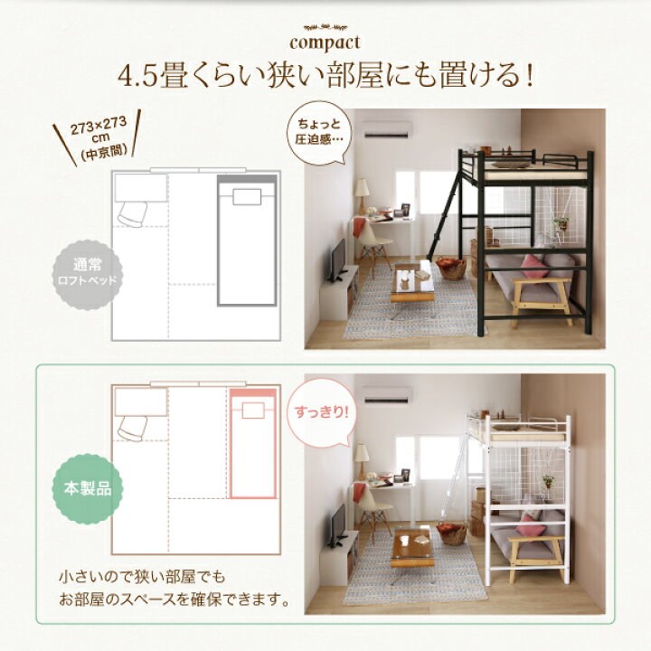 楽天市場 ロフトベッド セミシングル ショート丈 はしご付き ベッドフレームのみ 小さめ 小さい ロフト ハシゴ ショートサイズ スリム 狭い部屋 棚付き コンセント付き 一人暮らし 子供部屋 シンプル おしゃれ 北欧 収納 頑丈 子供部屋 子供ベッド パイプベッド パイプ