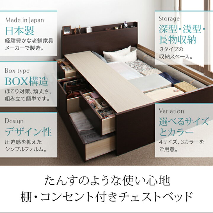 楽天市場】組立設置付 大量収納 チェストベッド セミダブル 薄型 