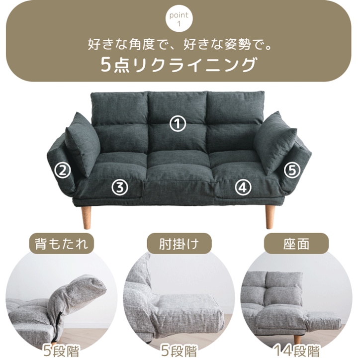 リクライニング　コンパクトソファ　2人掛けソファ　ローソファ 楽天市場】自在に寛ぐ ずぼらソファ 5点リクライニング 二人掛け