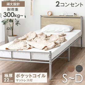 ベッド マットレス付き パイプベッド 耐荷重300kg ポケットコイル マットレス付き コンセント 高さ調整 スチールベッド シングルベッド 宮付き 宮棚 ベッド シングルベッド セミダブルベッド ダブルベッド マットレスセット