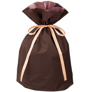 梨地リボン付きギフトバッグ ブラウン 20枚 17×28(18)×底マチ8cm 20枚リボンを絞ると内側の袋が見えてツートンカラーになり、高級感がアップします。ギフトバッグ ラッピング 袋 おしゃれ 手