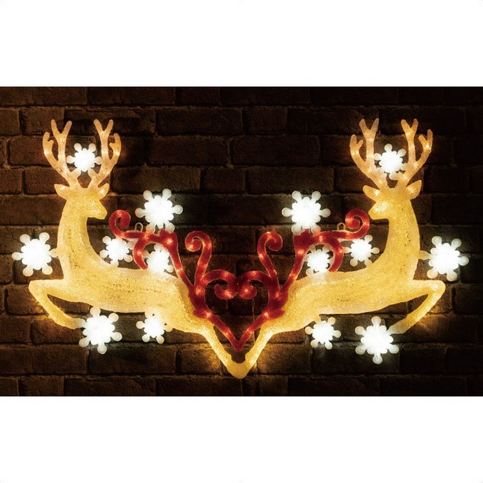 LEDモチーフ ハートトナカイ 【屋外OK】 1台2頭の鹿野が背中合わせになり間にかわいらしい赤いハートのデザインのモチーフライト。白い雪の結晶の飾りも。点滅パターンやスピードの変更は不可。クリスマス イルミネーション 電飾 ライト LED 屋外 モチーフ 電飾