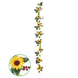 ひまわりガーランド デラックス花径7〜10cmの向日葵の花がたくさん付いており、全体長さ180cmのガーランドです。壁に吊るしたり、ディスプレイテーブルに置いたり。夏の装飾にピッタリです。造花 おしゃれ ひまわり ヒマワリ インテリア 壁掛け 吊り下げ