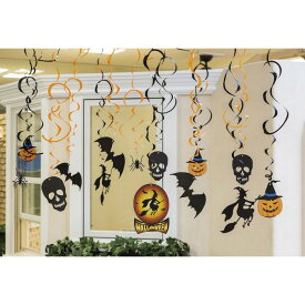 ハロウィンスパイラルデコレーション 1セット黒やオレンジの紙をくるくると天井から吊るし、先端に黒のドクロやコウモリ、オレンジのかぼちゃのモチーフ飾り 壁が付いています。ハロウィン 飾り 壁 装飾 パーティ 吊り下げ デコレーション