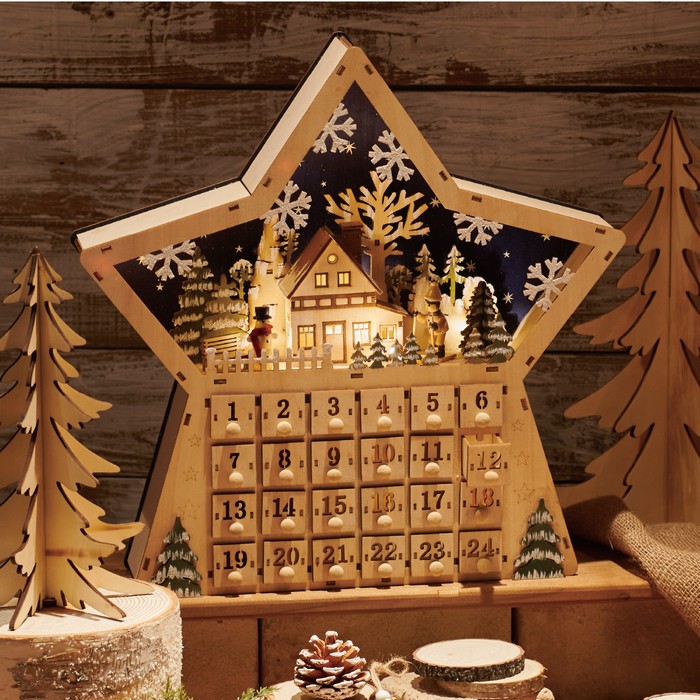 送料無料 豊富な品 クリスマス 飾り 装飾 雑貨 北欧 1個聖夜に華やかさを添える…温もり溢れるウッドデコレーション アドベントカレンダー 木製LEDアドベントカレンダー 即日出荷 スターシェイプ