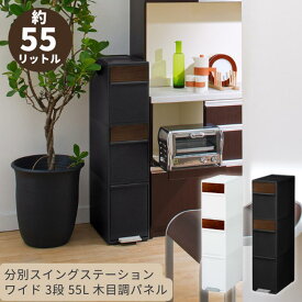 【新生活応援】ペダル式 ゴミ箱 多段 分別スイングステーション ワイド 3段 55L 木目調パネル 幅25.5cm 日本製 | 大容量 ごみ箱 ふた付き スイング ダストボックス キッチン おしゃれ ゴミ箱 キッチン ふた付き フタ付き 縦型 角型 分別ゴミ箱 【沖縄・離島配送不可】