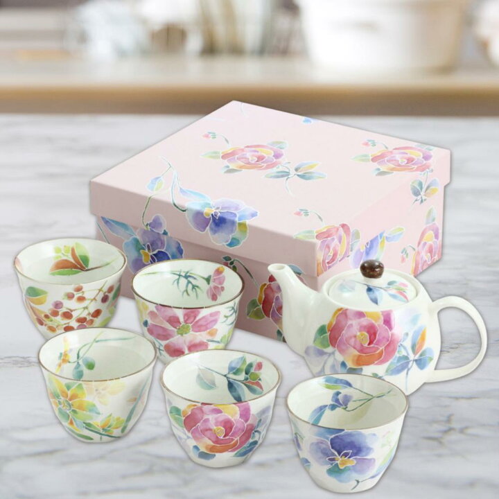 美濃焼 5客ポット茶器 花ことば 岐阜県 多治見市 セラミック藍 工芸品 彩 湯呑 ポット セット 花柄 バラ パンジー 水仙 コスモス 南天 電子レンジ対応 食洗器可 非推奨 おしゃれ かわいい 食器 白 丸福商店