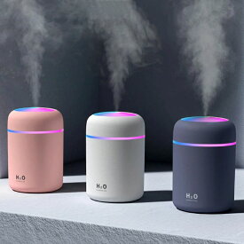 噴霧 大容量 300ml 円筒形 円柱 USB給電 卓上加湿器 車内 室内 小型 LEDライト付き スチーム式 おしゃれ 超音波式
