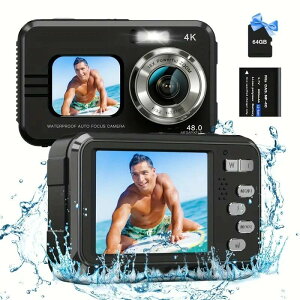 防水カメラ デジタルカメラ 4K【4800万画素防水】16倍デジタルズーム デジカメ 水中カメラ 64GBカード付 子供用カメラ 前後ダブルカメラ 大画面 自撮り 手ブレ補正 防水 連続撮影 旅行 プレゼ