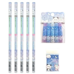 もちもちぱんだ 夜の遊園地 2B 六角軸 占い 鉛筆 5本 消しゴム 1個 鉛筆キャップ(5本組) 1個 セット