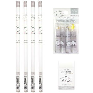 もちもちぱんだ モノトーン 2B 丸軸 鉛筆 4本 消しゴム 1個 チャーム入り鉛筆キャップ(4本組) 1個 セット