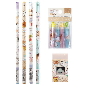 もちもちぱんだ もちもちティータイム 2B ストーン付き 丸軸 鉛筆 4本 ミニ消し入り 消しゴム 1個 チャーム入り 鉛筆キャップ(4本組) 1個 セット もちぱん