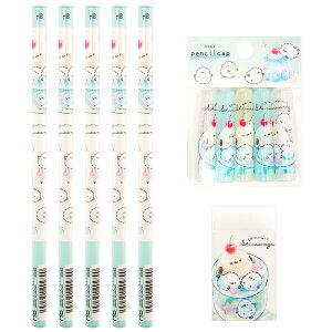 かわいいとり ちんまりしまえなが シマエナガ HB 丸軸 鉛筆 5本 消しゴム 1個 鉛筆キャップ(5本組) 1個