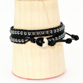 ラップブレス　2連レザー　ヘマタイト・パワーストーン　メンズ＆レディース