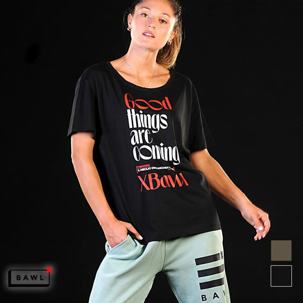 【まとめ割対象】アウトレット BAWL ボウル 正規品 Tシャツ 半袖 レディース ロゴ エクササイズ フィットネス ジム スポーツ ダンス ヨガ ウェア ブラック ミリタリー