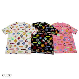 GUESS ゲス 総柄 カラフル ロング Tシャツ BLACK PINK WHITE PRINT Sサイズ