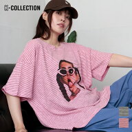 K-collection Tシャツ 半袖 ビッグシルエット ボーダー グラフィック 韓国 トレンド レディース ユニセッ…
