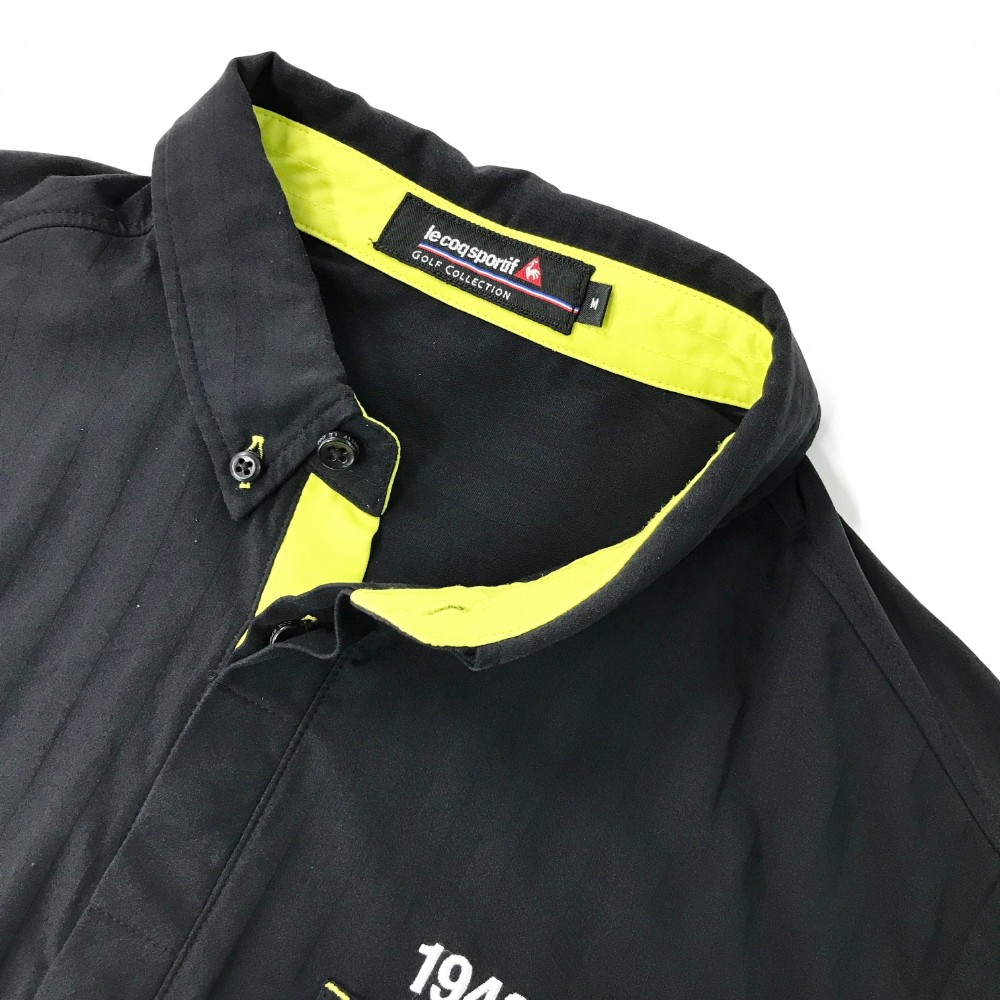 LE COQ GOLF ルコックゴルフ 半袖 ポロシャツ ボタンダウン ストライプ柄 ブラック系 M ゴルフウェア メンズ ウェア 