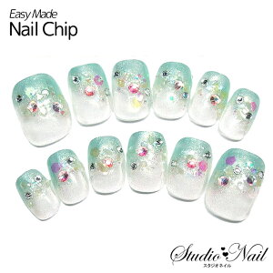 ネイルチップ ショート ジェル ライトグリーン グラデーション ラメクリア ホログラム クラッシュシェル スワロ付き ネイルチップ 12枚入り ネイル ネイルチップ 短い ショートネイル 小さ