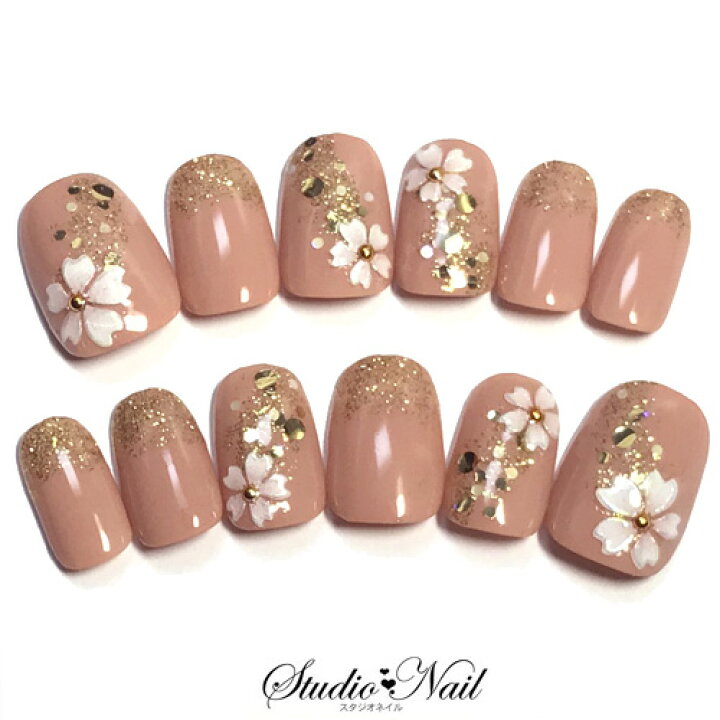 楽天市場 ネイルチップ ショート ちびつけ爪 ベージュ ゴールド ホログラム さくら 12枚入りネイルチップ スタジオ ネイル