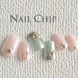 12時までの注文で即日出荷！ メール便送料無料 ネイルチップ ショート ジェル オーロラ シアー ピンク グリーン ストーン ラウンドM