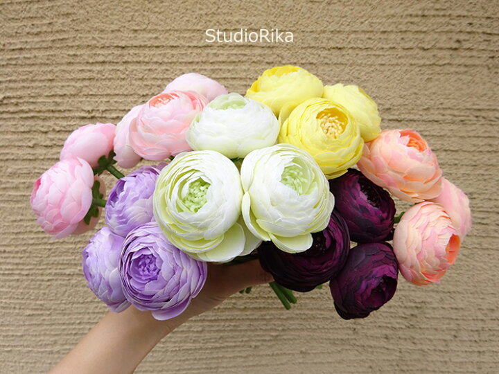 楽天市場 ラナンキュラス ミニ ブーケ 花束 3本 インテリア プレゼント ギフト おしゃれ かわいい シンプル ミニ 小さい ピンク イエロー グリーン パープル 丸い花 造花 アーティフィシャルフラワー 高級 アレンジ 送料無料 アートフラワー専門店スタジオ理佳