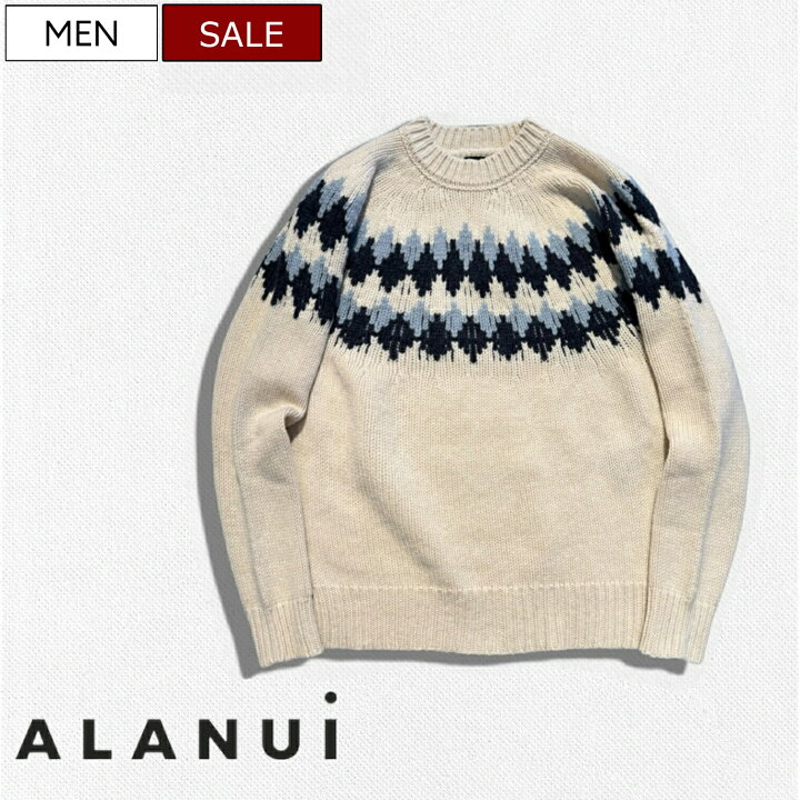 定価119,900円 税込 ALANUI -アラヌイ- 1枚で存在感をしっかりと主張する最高級ウールを使った アーガイル柄クルーネックウールニットセーター SWEET WINTER SWEATER オフホワイト LMHE25-02 イタリア製 メンズ XXL