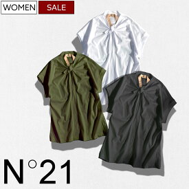 【定価42,900円(税込)】N°21　-ヌメロ ヴェントゥーノ-　可愛いリボンデザインが大人カジュアルを演出するリボンデザインフレンチスリーブトップス Tシャツ パームツリーワッペン ステッチ 半袖 24S-F021-4157 ホワイト ブラック カーキ N21 No.21 レディース