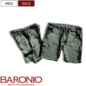 【定価19,800円(税込)】BARONIO バローニオ / バローニョ リゾート感たっぷりな佇まいと鮮やかなカラーリングで気分も上がる♪ 美長効果の高いリネンショーツ リラックス ショートパンツ カーキグリーン Summe Tune XS S M L XL XXL XXXL 60172010C イタリア製 メンズ co03