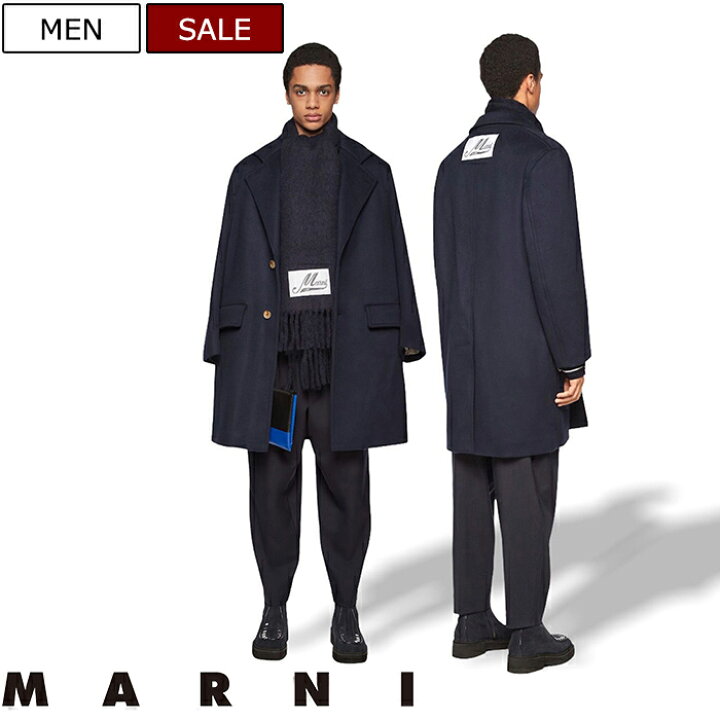 楽天市場 定価217 800円 税込 Marni マルニ 美しいシルエットとビッグロゴパッチがイタリアブランドらしいユーモア溢れる ウールドラップシングルブレストコート チェスターコート トレンチ ジャケット Tumu0019 ネイビー 濃紺 イタリア製 メンズ Studio Route134