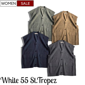 【定価36,300円(税込)】White 55 St. Tropez -ホワイトフィフティーファイブサントロペ- 極上の肌触りでクセになる高品質なカシミアニットを使用したポケットデザインカシミアニットジレ ベスト セーター カシミヤ クルーネック 半袖 362305 レディース