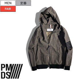 【定価36,300円(税込)】PREMIUM MOOD DENIM SUPERIOR-プレミアムムードデニムスペリオール- P.M.D.S. 素材使いで大人らしい拘りを演出♪ 千鳥格子ナイロンジップアップパーカー ライン ブルゾン ダブルジップ ジャージ セットアップ カーキグレー 22059020 PMDS 伊製 メンズ