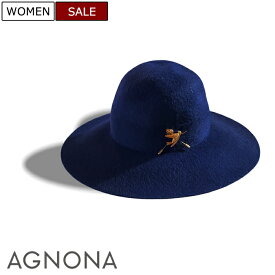 【定価185,900円(税込)】AGNONA アニオナ　ゴールドのバードチャームが高級感を漂わせる！大人の色香を醸すアクセントに最適なビーバーファーハット 帽子 ボウシ 毛皮 鍔広　ディープオーシャン　77089005　イタリア製　レディース