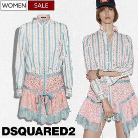 【定価192,500円(税込)】DSQUARED2 ディースクエアード　 遊びココロ溢れるドッキングデザインでヌケ感も抜群！大人のラグジュアリーカジュアルを演出するフラワー柄 レース付きミニワンピース ギャザー ラッフル リボン シャツ S75CV0500 ライトブルー レディース 伊製