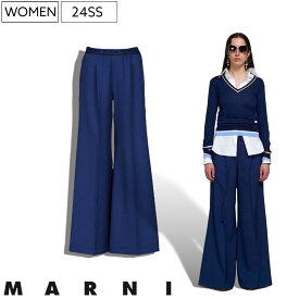 【定価138,600円(税込)】MARNI -マルニ- 　ゆったりしたシルエットが大人カジュアルを演出するユーモア溢れる1本！ウエストロゴで主張するトロピカルウール製フレアワイドパンツ リラックス スラックス ブーツカット ジャージー パンタロン ネイビー 0428U1 レディース