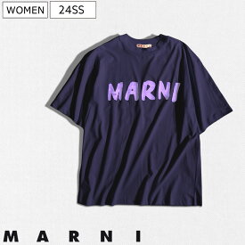 【定価49,500円(税込)】MARNI -マルニ- 　ゆったりした大人シルエットと手書き風ロゴプリントがユーモア溢れる一枚！手書き風ロゴプリントオーガニックコットンクルーネックTシャツ　ジャージー ショートスリーブ ネイビー THJET49 L2B99 レディース