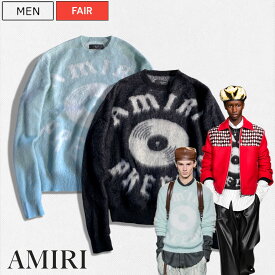 【定価220,000円(税込)】AMIRI -アミリ- 圧倒的なオーラを放つ！美しく柔らかいモヘアニットで大人のラグジュアリーカジュアルを演出するアルパカウール混モヘアニット！ セーター クルーネック ブランドロゴ ブラック ブルーグリーン MKL017 イタリア製 メンズ