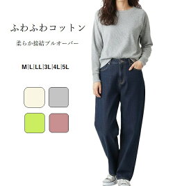 ふんわり綿100％ 柔らか接結プルオーバー 長袖カットソー ふわふわコットン 長袖Tシャツ（M～5L）オートミール 杢グレー ライム サーモンピンク 4色