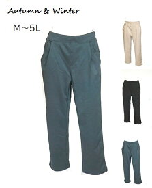 秋冬もの入荷！微起毛で暖かい ウール見えストレッチすっきりパンツ ウエストゴム 選べる股下53/58cm（M～5L）ベージュ・グリーン・ブラック 3色