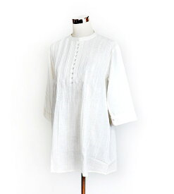 ナチュラルな軽い着心地 綿100％ スラブピンタック刺しゅうチュニック ブラウス 7分袖（M～LL）オフホワイト