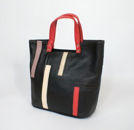 ＜日本製＞ 牛革 色彩パッチワーク 手提げバッグ レトロな色使い レディース鞄　(ブラック)